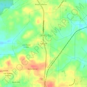 Mappa topografica Oak Dale, altitudine, rilievo