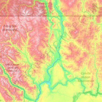 Mappa topografica Okanogan, altitudine, rilievo