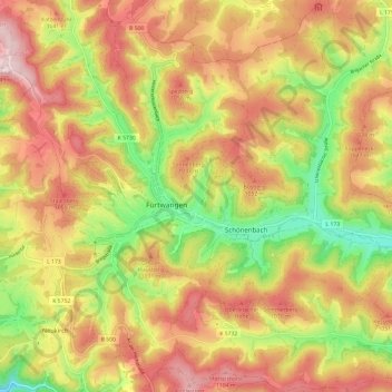 Mappa topografica Furtwangen, altitudine, rilievo