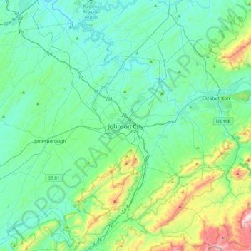 Mappa topografica Johnson City, altitudine, rilievo