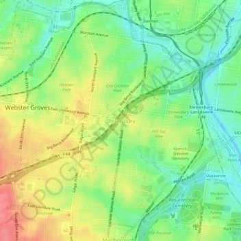 Mappa topografica Shrewsbury, altitudine, rilievo