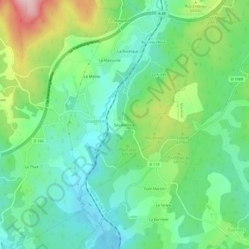 Mappa topografica Soudeillette, altitudine, rilievo