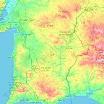 Mappa topografica Região do Alentejo, altitudine, rilievo