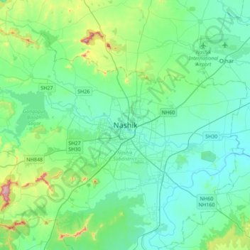 Mappa topografica Nashik, altitudine, rilievo