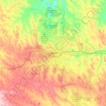 Mappa topografica Gillette, altitudine, rilievo