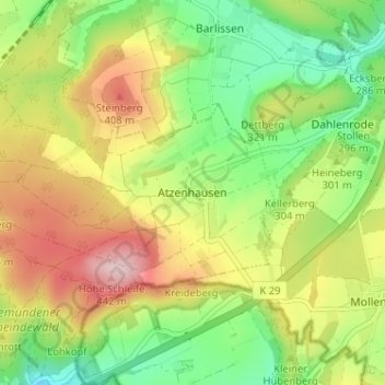 Mappa topografica Atzenhausen, altitudine, rilievo