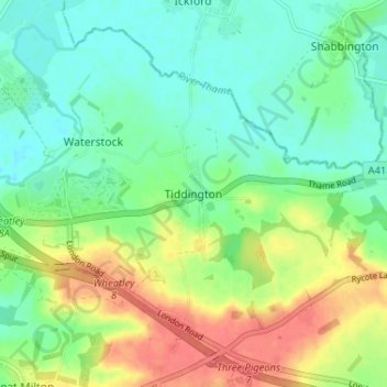 Mappa topografica Tiddington, altitudine, rilievo