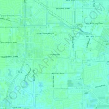 Mappa topografica Townewest, altitudine, rilievo