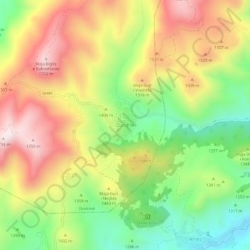 Mappa topografica Dardhë, altitudine, rilievo