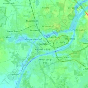 Mappa topografica Rendsburg, altitudine, rilievo
