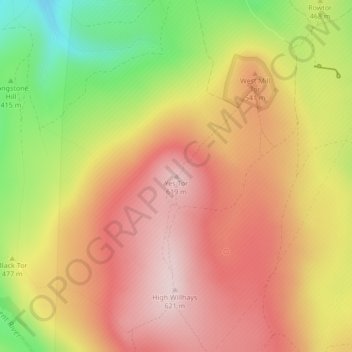 Mappa topografica Yes Tor, altitudine, rilievo