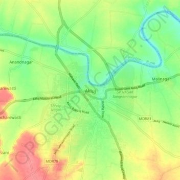 Mappa topografica Akluj, altitudine, rilievo