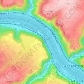 Mappa topografica Rhine Gorge, altitudine, rilievo