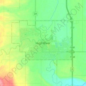Mappa topografica High River, altitudine, rilievo