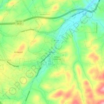 Mappa topografica Milligan, altitudine, rilievo