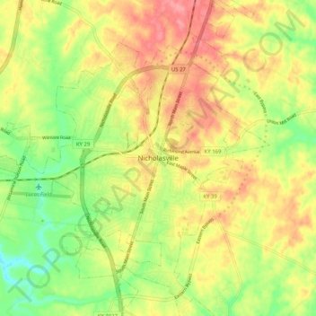 Mappa topografica Nicholasville, altitudine, rilievo