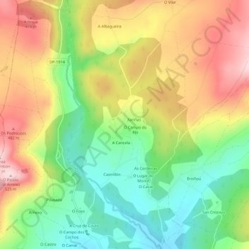 Mappa topografica O Pino, altitudine, rilievo