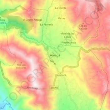 Mappa topografica Amagá, altitudine, rilievo