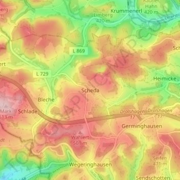 Mappa topografica Scheda, altitudine, rilievo