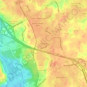 Mappa topografica Holly Ridge, altitudine, rilievo