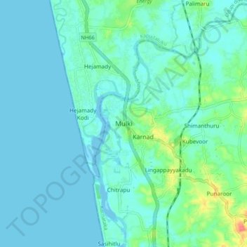 Mappa topografica Mulki, altitudine, rilievo