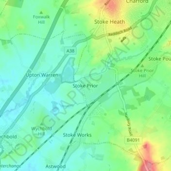 Mappa topografica Stoke Prior, altitudine, rilievo