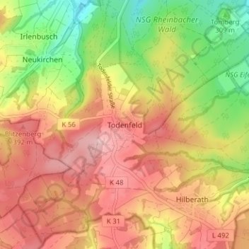Mappa topografica Todenfeld, altitudine, rilievo
