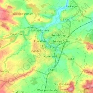 Mappa topografica Frome, altitudine, rilievo