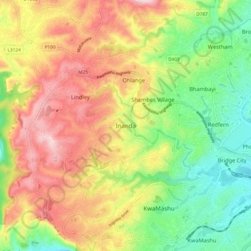 Mappa topografica Inanda, altitudine, rilievo