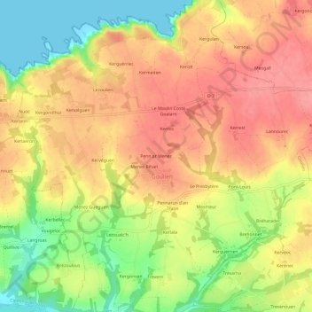 Mappa topografica Penn ar Menez, altitudine, rilievo