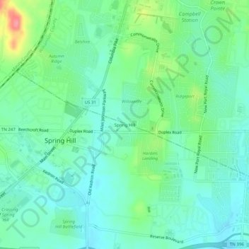 Mappa topografica Spring Hill, altitudine, rilievo