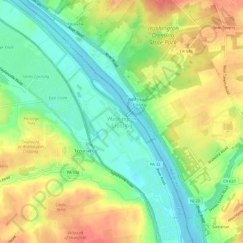 Mappa topografica Washington Crossing, altitudine, rilievo