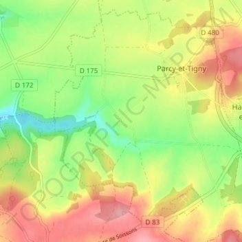 Mappa topografica Parcy, altitudine, rilievo