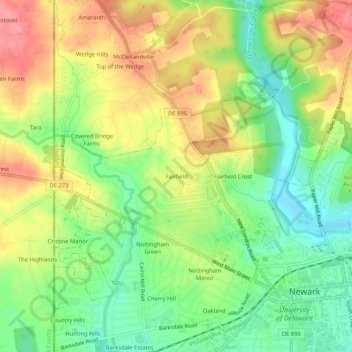 Mappa topografica Fairfield, altitudine, rilievo