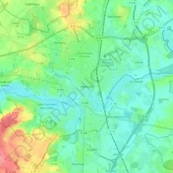 Mappa topografica Alençon, altitudine, rilievo
