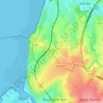 Mappa topografica Terlincthun, altitudine, rilievo