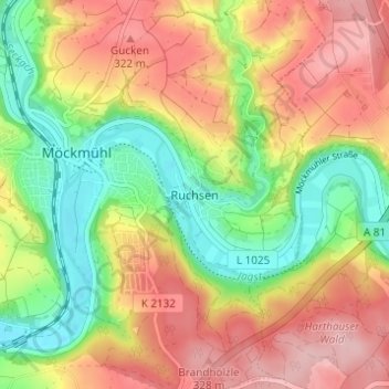 Mappa topografica Ruchsen, altitudine, rilievo