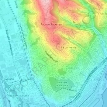 Mappa topografica Corniche Fleurie, altitudine, rilievo