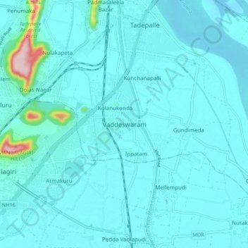 Mappa topografica Vaddeswaram, altitudine, rilievo
