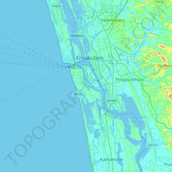 Mappa topografica Kochi, altitudine, rilievo