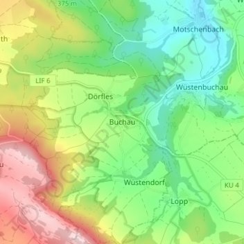 Mappa topografica Buchau, altitudine, rilievo
