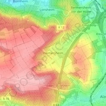 Mappa topografica Heimersheim, altitudine, rilievo