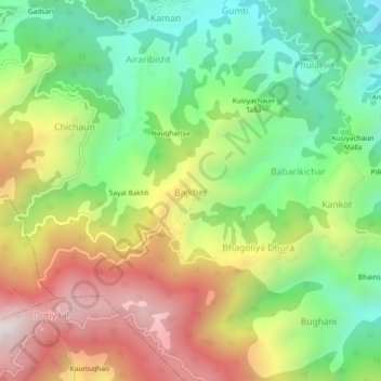 Mappa topografica Bajkhet, altitudine, rilievo