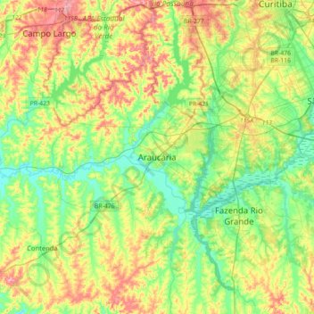 Mappa topografica Araucária, altitudine, rilievo