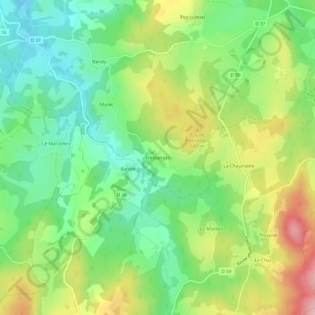 Mappa topografica Fressanges, altitudine, rilievo
