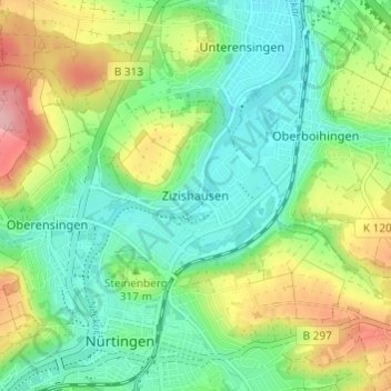 Mappa topografica Zizishausen, altitudine, rilievo