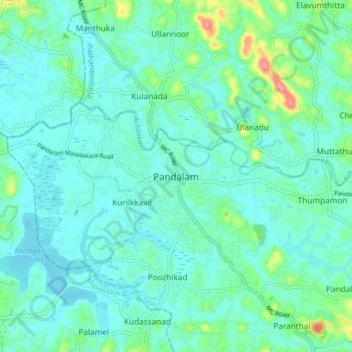 Mappa topografica Pandalam, altitudine, rilievo