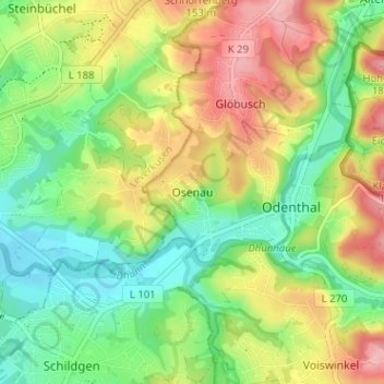 Mappa topografica Osenau, altitudine, rilievo