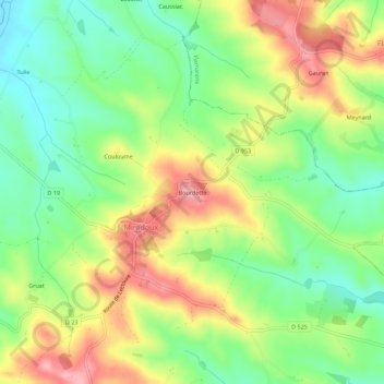 Mappa topografica Bourdette, altitudine, rilievo