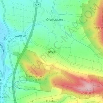Mappa topografica Jerze, altitudine, rilievo